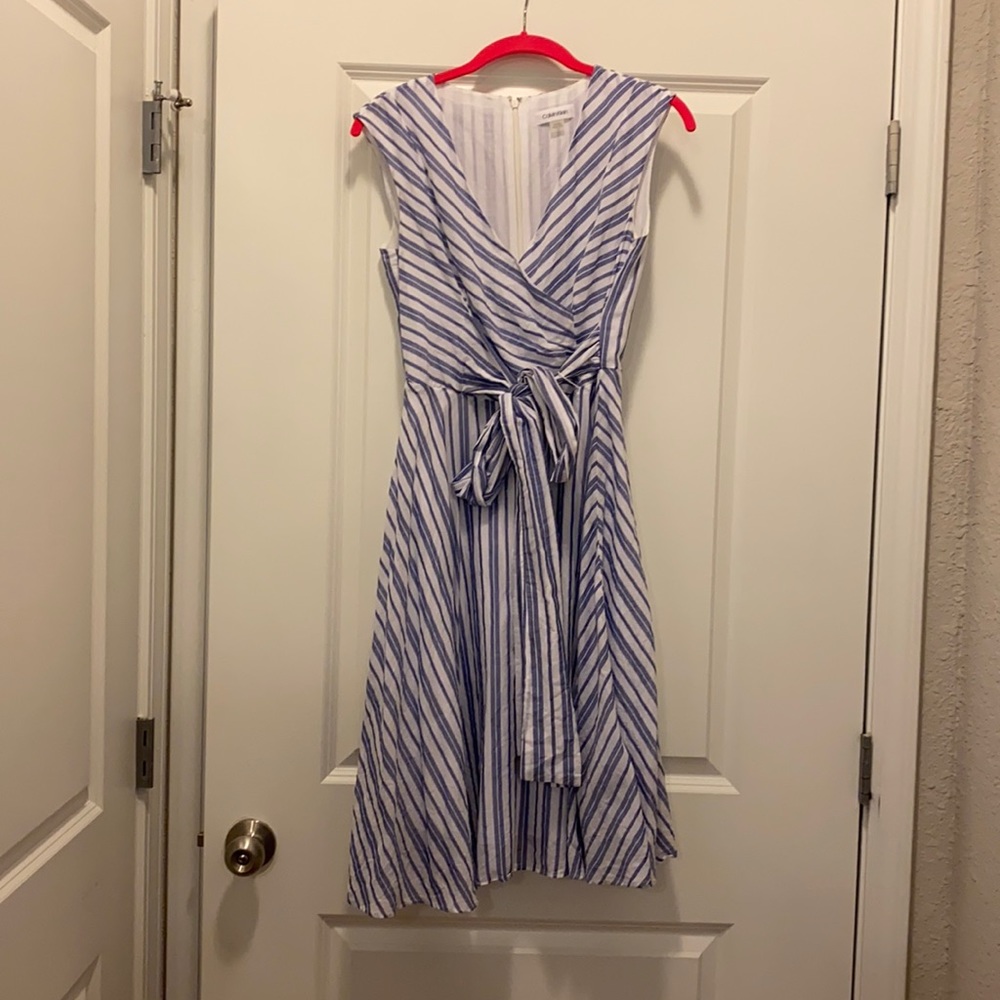 White/blue striped Calvin Klein wrap dress size 2